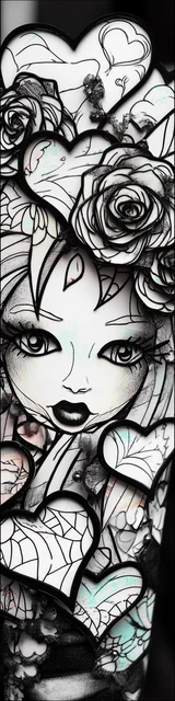 Free colorable bookmarks of a pretty face surrounded by hearts